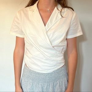 Vintage Cream Tie Waist Top V-neck collar